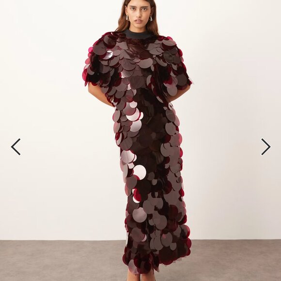 High neck sequined fringe hem maxi dress in merlot - Picture 1 of 6